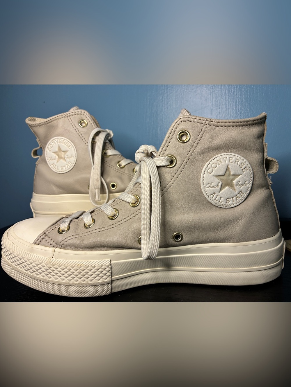 Converse Soft Taupe Grey Leather High Top Sneakers